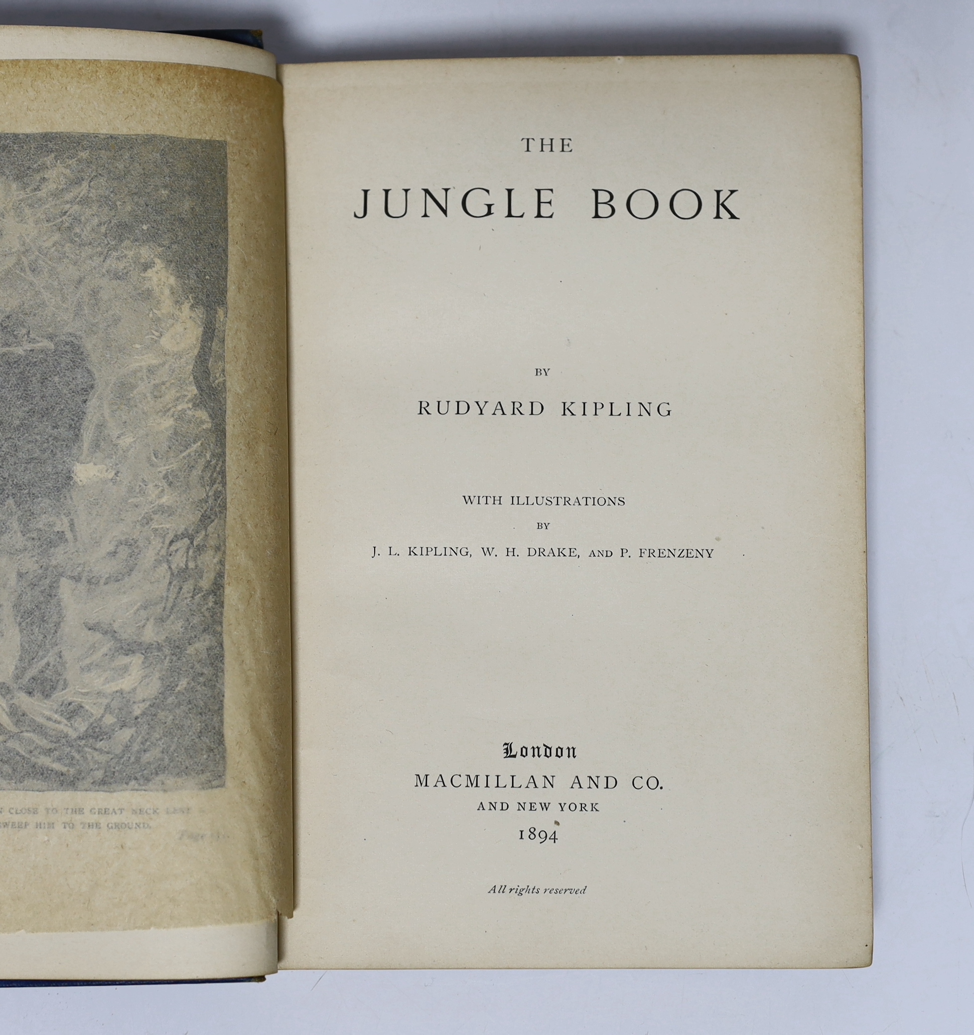 Kipling, Rudyard - The Jungle Book. First Edition. frontis., num. full page and other illus. (by John Lockwood Kipling and others), text decorations; publisher's gilt pictorial cloth and ge. 1894; Kipling, Rudyard - The